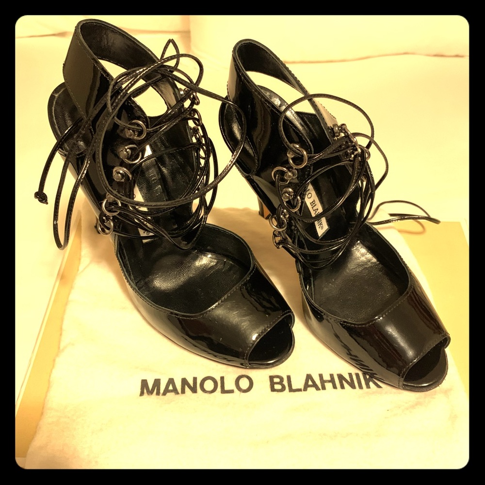 Manolo Blahnik patent leather straps heels